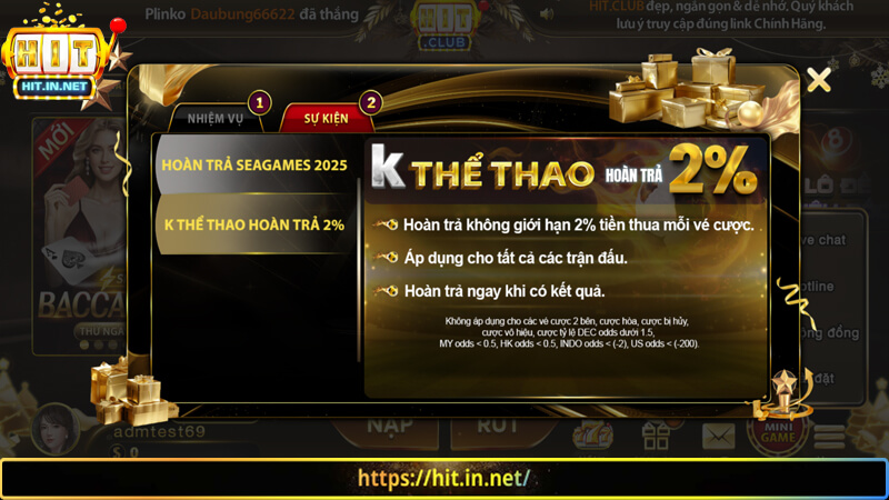 Hit Club hoàn trả 2% sảnh K Thể thao không giới hạn
